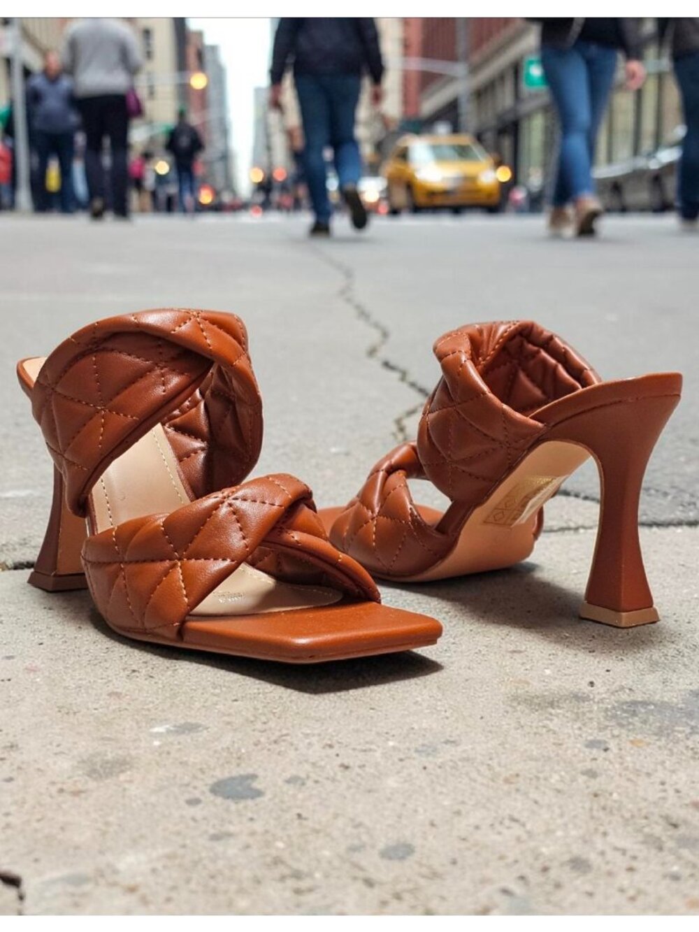 Quilted Tan Faux Leather Heeled Sandals With Square Toe & Padded Straps - Elegan